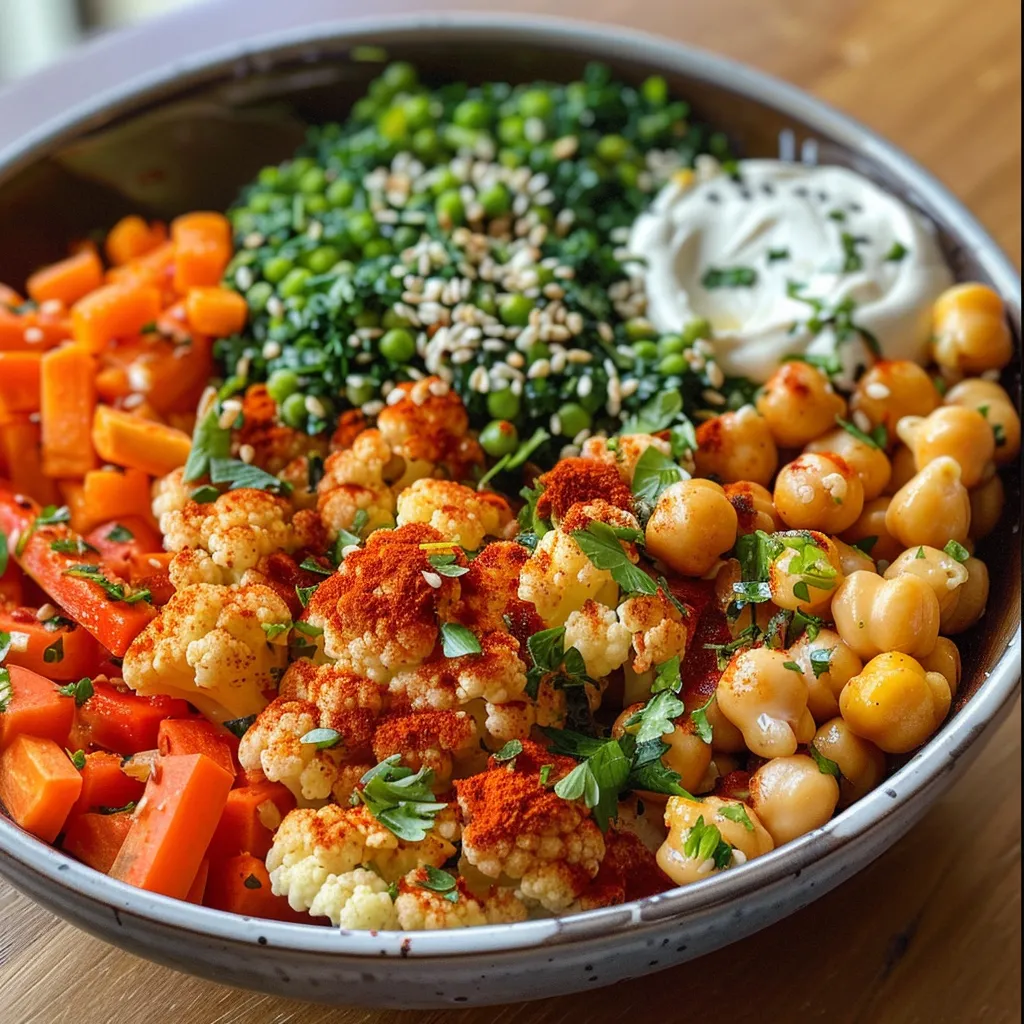 Side view of a bowl filled with roasted cauliflower, carrots, sweet potato, and chickpeas.