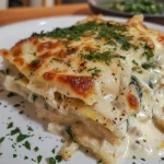 Porção de lasanha branca de frango com camadas de ricota e muçarela.