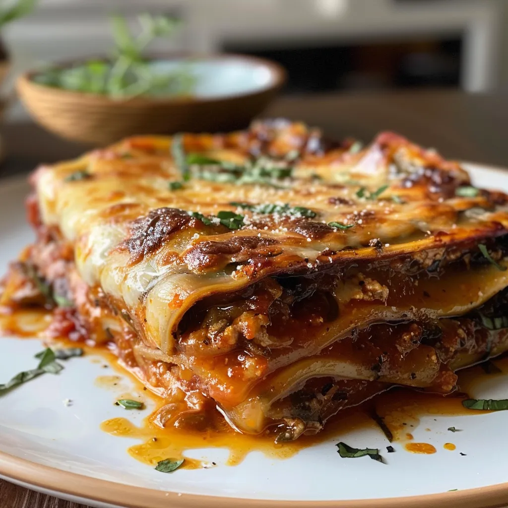 Colorful presentation of lasanha de berinjela with vibrant tomato sauce.