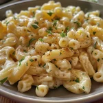 Close-up of a plate of Macarrão alho e óleo with golden garlic slices.