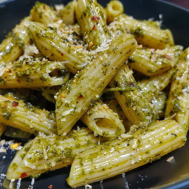 Juicy penne pasta coated in rich pesto, garnished with fresh basil.