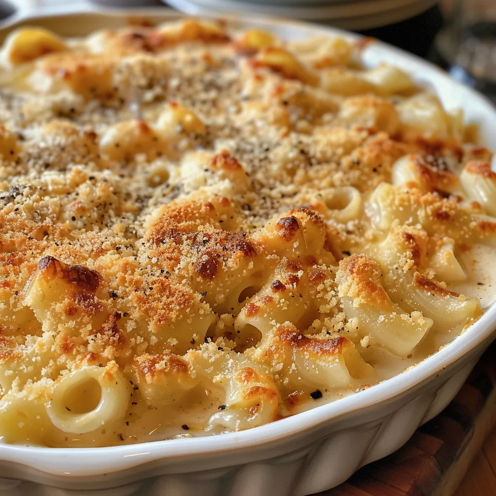 Macarrão ao molho quatro queijos, com diferentes queijos visíveis e uma apresentação apetitosa.