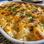 Close-up of creamy baked conch pasta topped with melted cheese.