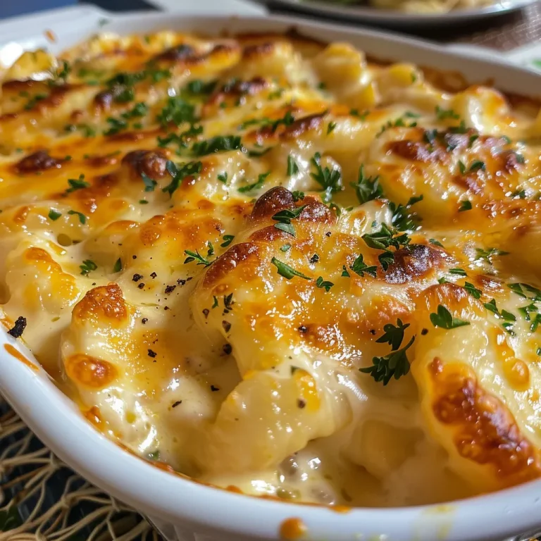 Close-up of creamy baked conch pasta topped with melted cheese.