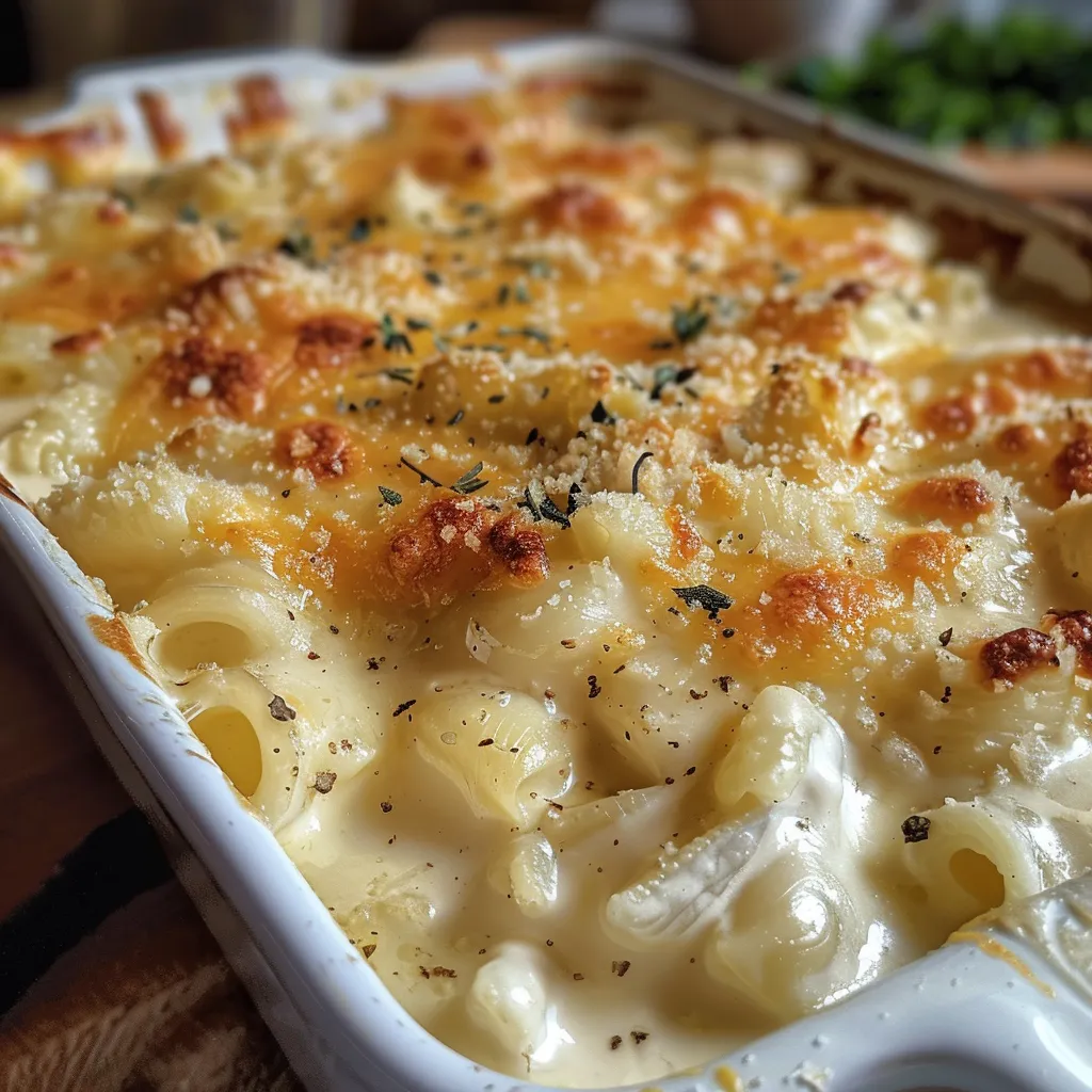 Side view of cheesy conch pasta with a golden crust and fresh green onions.