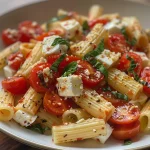 Close-up of baked Caprese pasta with colorful cherry tomatoes and mozzarella.