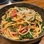 Close-up of a bowl of sun-dried tomato spinach pasta, showcasing vibrant colors and textures.
