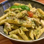 Close-up of creamy pesto chicken pasta with cherry tomatoes.