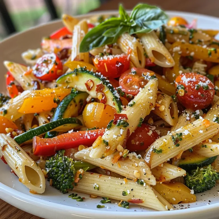 Close-up of a colorful roasted vegetable pasta dish featuring penne, bell peppers, zucchini, and broccoli.