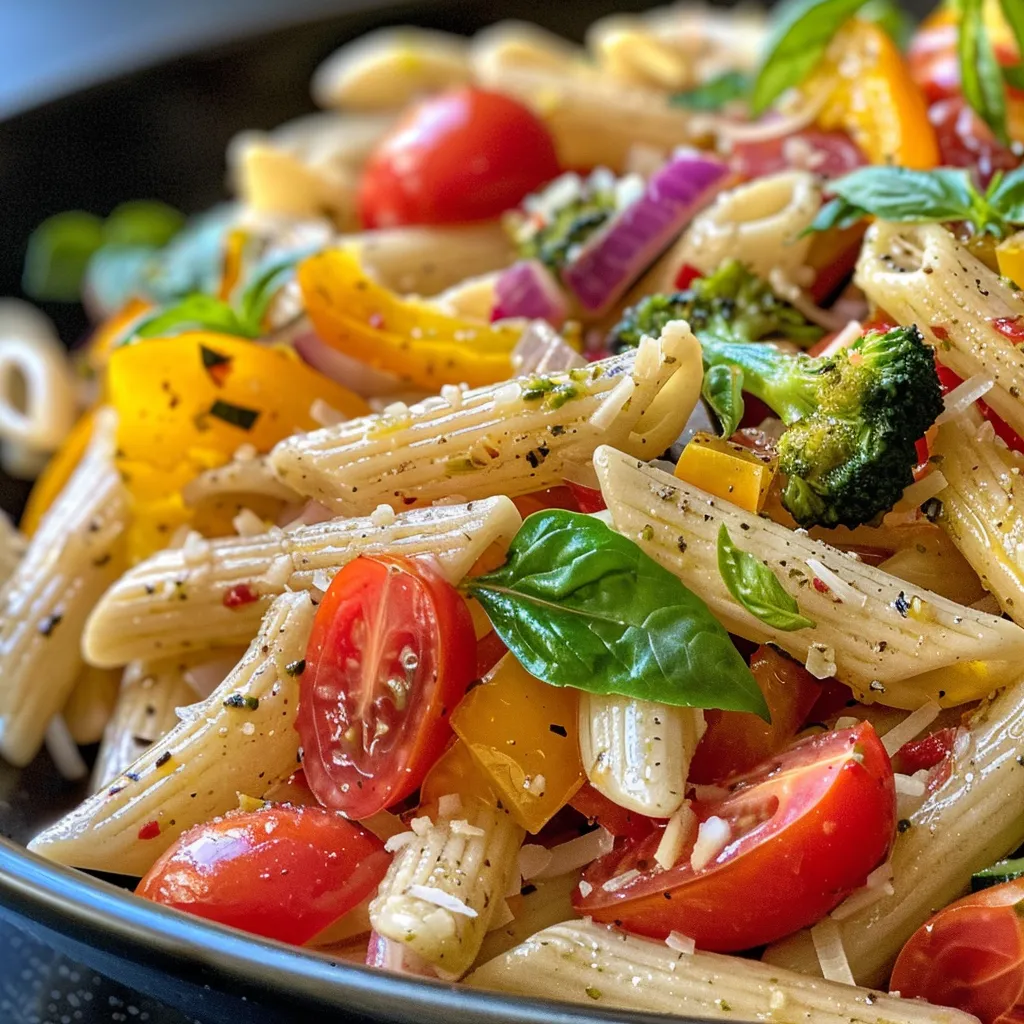 Side view of roasted vegetable pasta showcasing vibrant ingredients like cherry tomatoes, red onion, and basil.