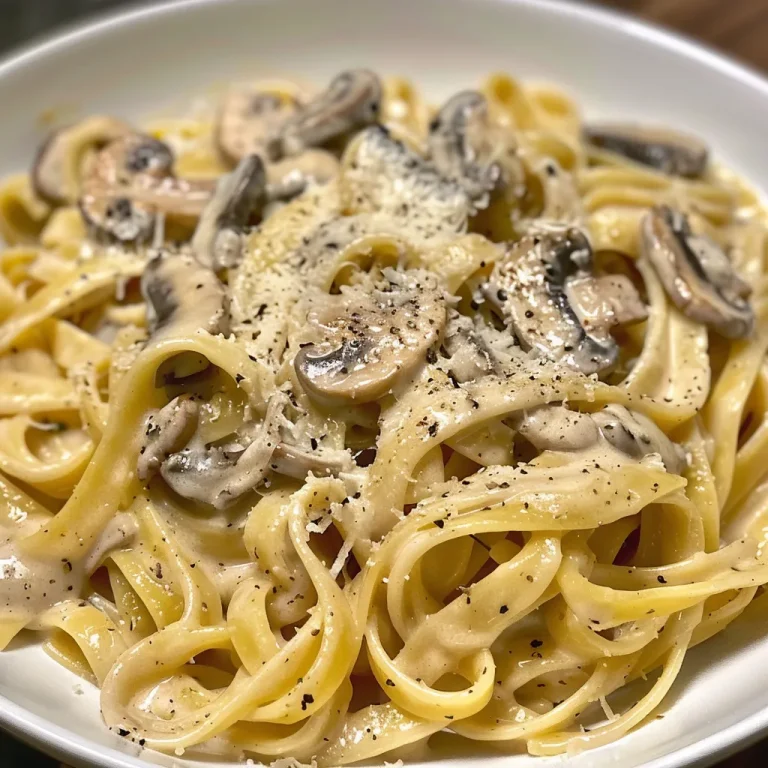 Close-up of creamy mushroom pasta with fettuccine and fresh herbs.
