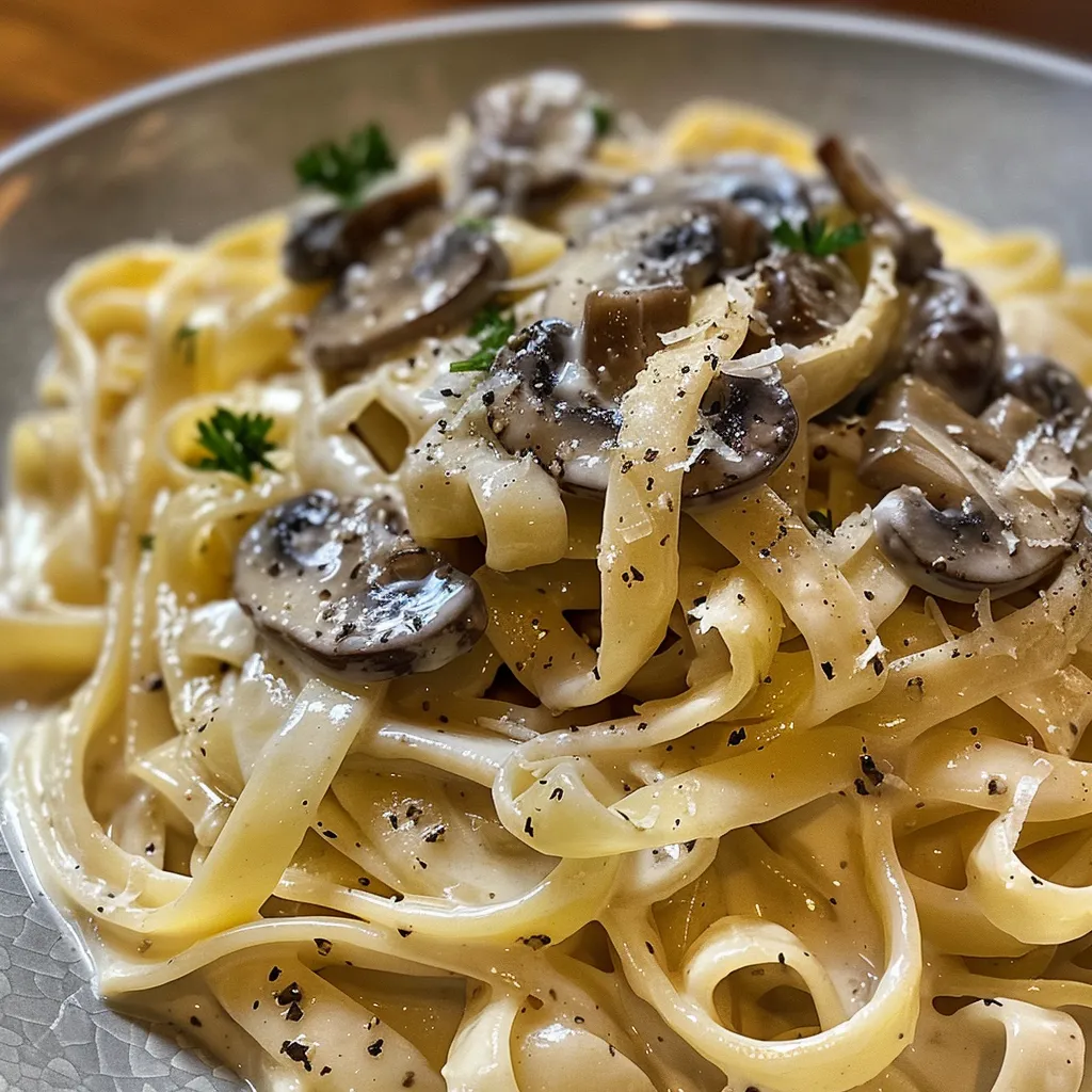 Creamy mushroom white sauce pasta served in a bowl, viewed from the side.