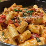 Close-up of creamy pasta with roasted tomatoes and spinach.