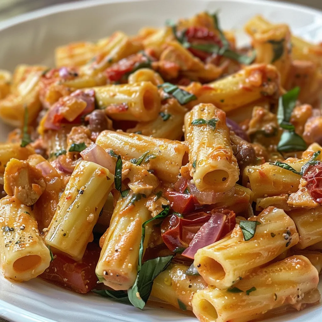 Side view of Tuscan pasta dish topped with basil and cheese.