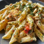 Close-up view of creamy garlic and herb pasta garnished with fresh herbs.