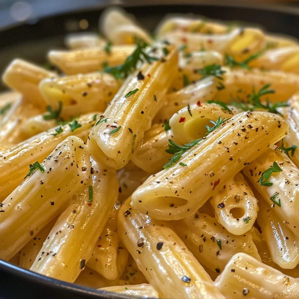 Side view of penne pasta coated in creamy garlic sauce, with a sprinkle of herbs.