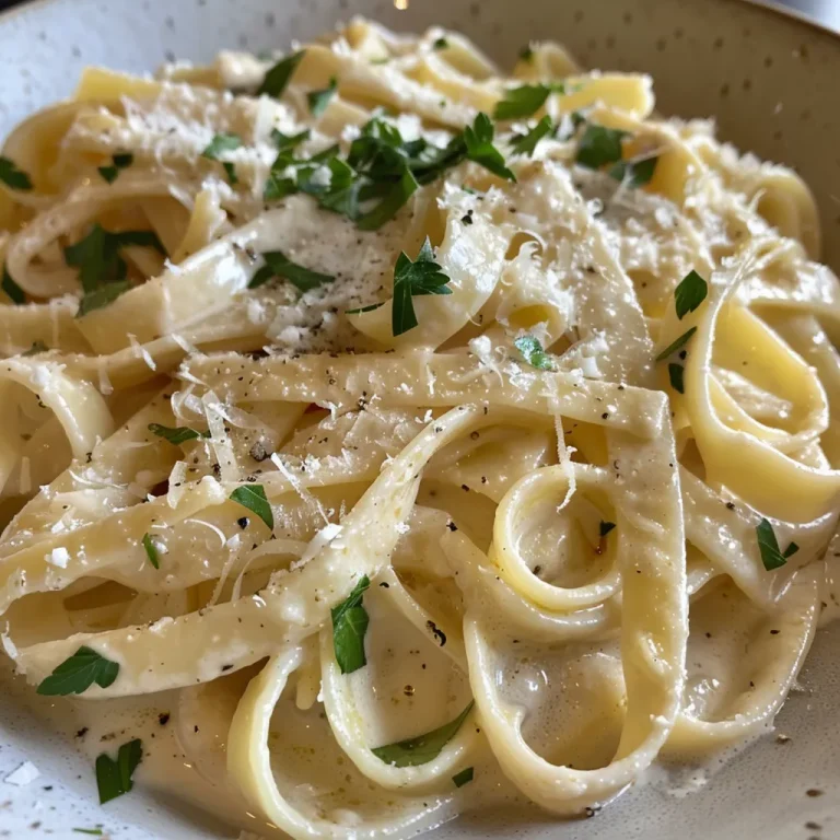 Close-up of creamy garlic pasta with herbs in a bowl.