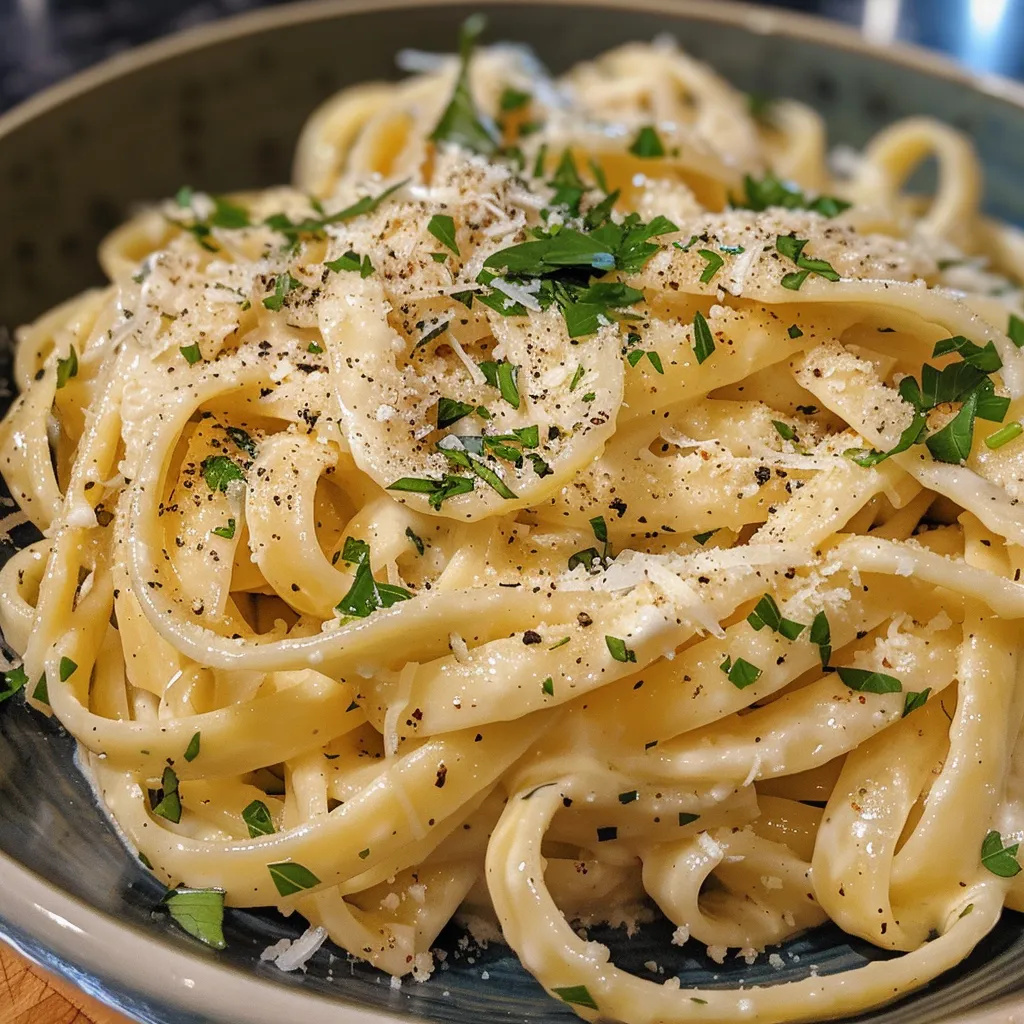 Side view of fettuccine coated in creamy garlic sauce.