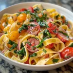 Close-up of creamy tomato spinach pasta with tagliatelle and cherry tomatoes.