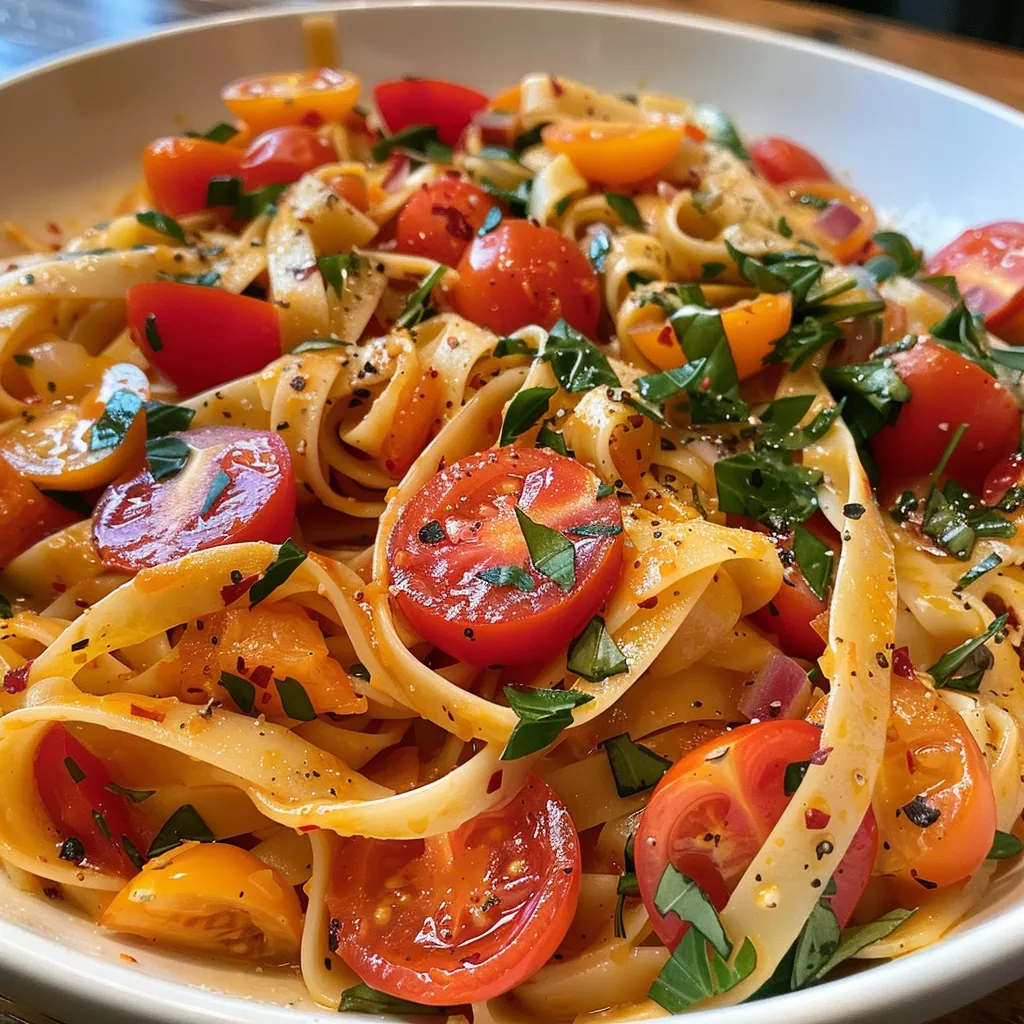 Side view of a delicious bowl of pasta showcasing red and yellow cherry tomatoes and fresh spinach.