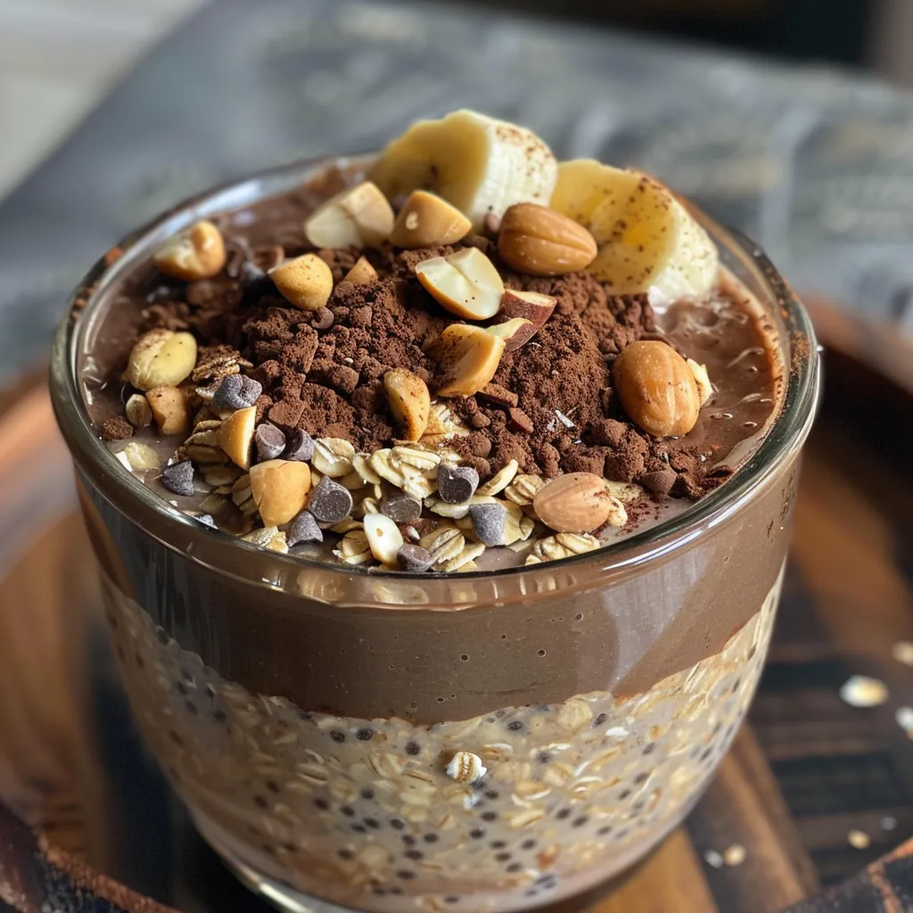 Thick oatmeal in a bowl showcasing its rich chocolate and peanut butter flavors with chia seeds visible.
