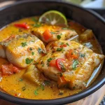 Juicy Moqueca de peixe featuring fish fillets, peppers, and coconut sauce.