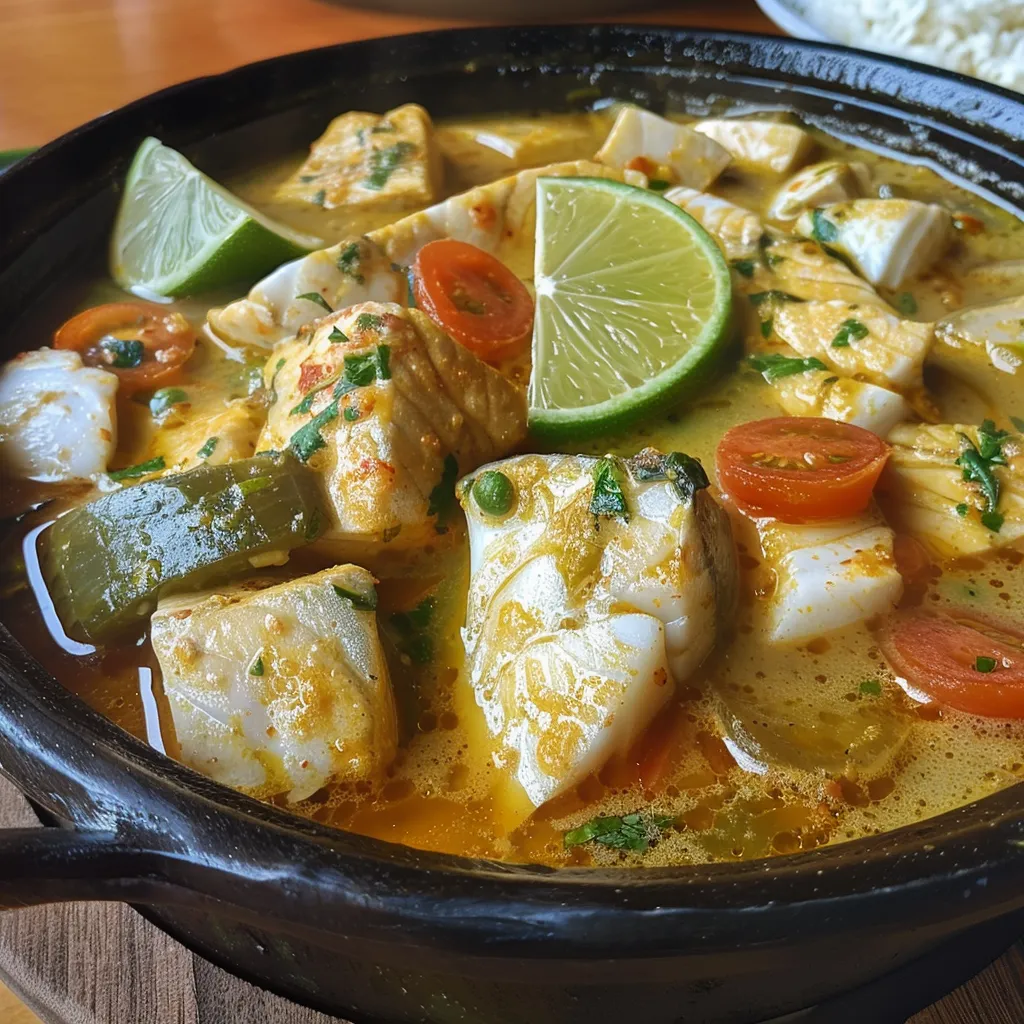 Moqueca de peixe featuring pieces of fish, tomatoes, peppers, and a creamy sauce.