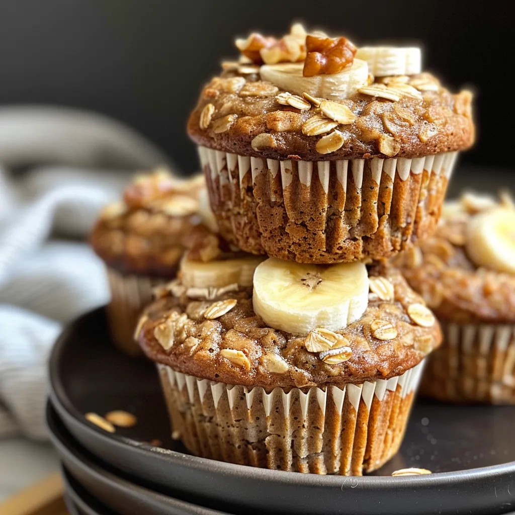 Close up de muffins de banana e aveia, com pedaços de banana visíveis na massa.