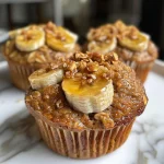Muffins de banana assados, com uma crosta dourada e flocos de aveia em cima.