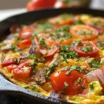 Omelete de Forno com Legumes, mostrando tomates e abobrinha, em um prato.