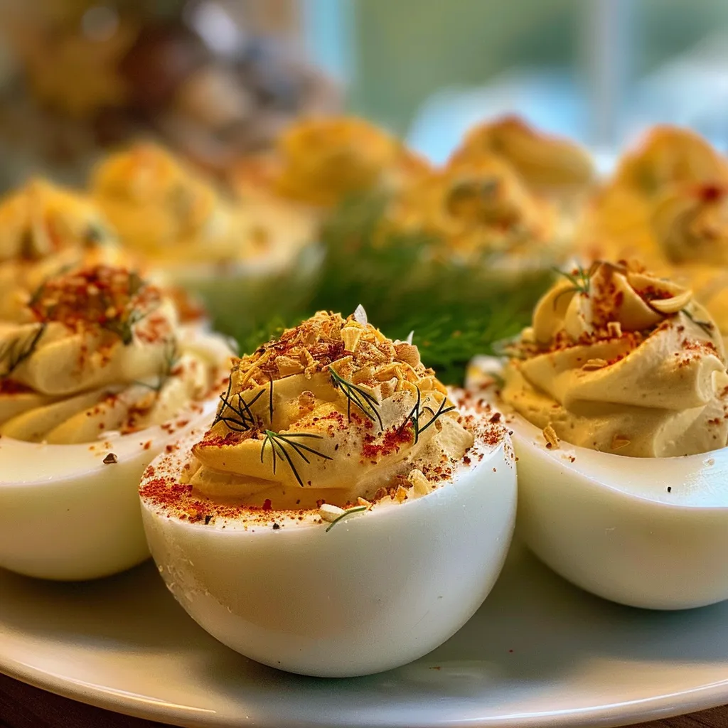 Side view of simple deviled eggs garnished with dill and garlic.
