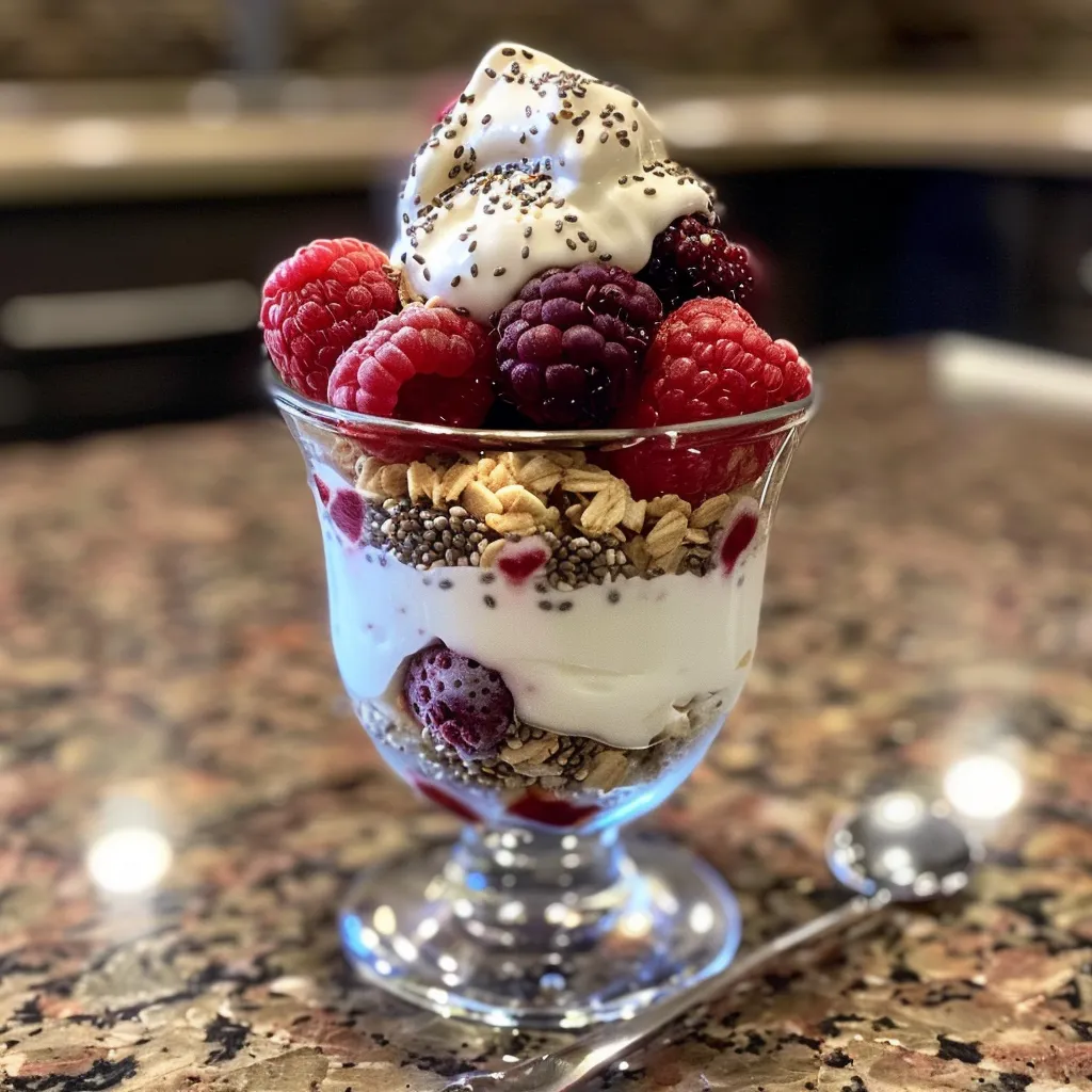 Close-up de um parfait saudável com iogurte e frutas.