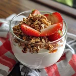 Close-up of a strawberry yogurt parfait layered with fresh strawberries and granola.