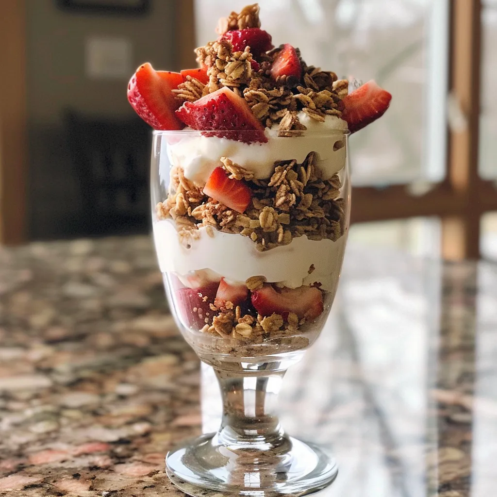 Side view of a delicious parfait featuring creamy yogurt, strawberries, and crunchy granola.