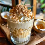Close-up of a creamy Pavê de Abacaxi com Coco dessert layered with pineapple and coconut.