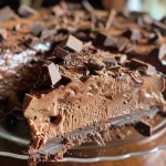 Close-up of a layered Pavê de Chocolate dessert with chocolate and biscuit layers.