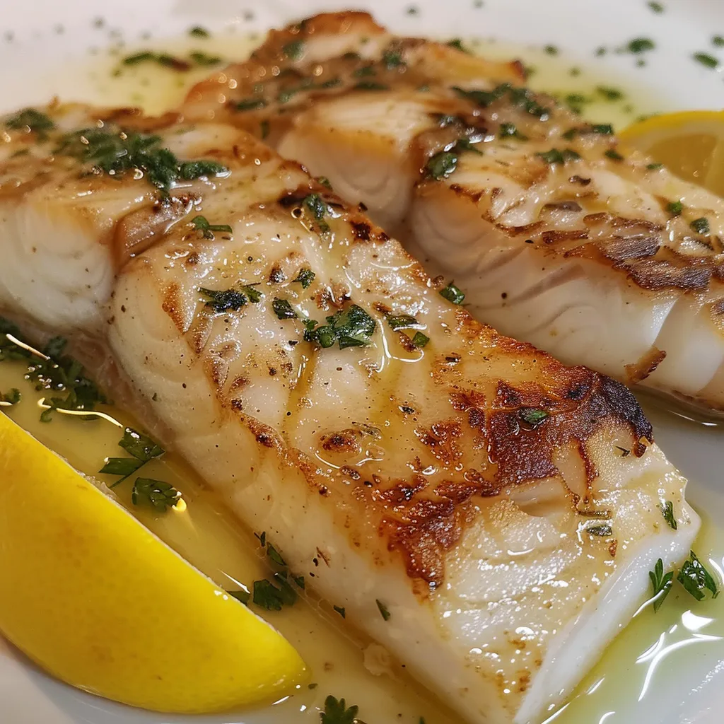 Close-up of a vibrant dish of Peixe ao Molho de Limão Siciliano with a lemon slice on top.