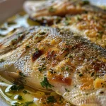 Detailed shot of a beautifully cooked fish fillet with a drizzle of olive oil.