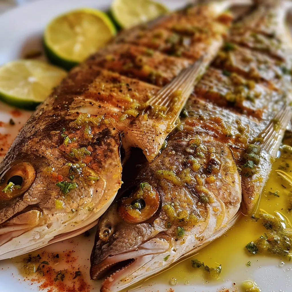 Freshly grilled fish served with lemon slices and spices.