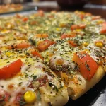 Side view of a deliciously fried Pizza Frita, highlighting its texture and ingredients.