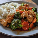 Close-up of a honey garlic chicken rice bowl with colorful vegetables.