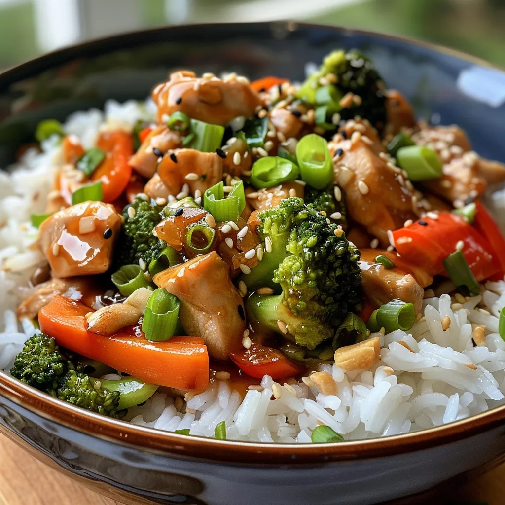 Side view of a delicious honey garlic chicken dish served over rice.