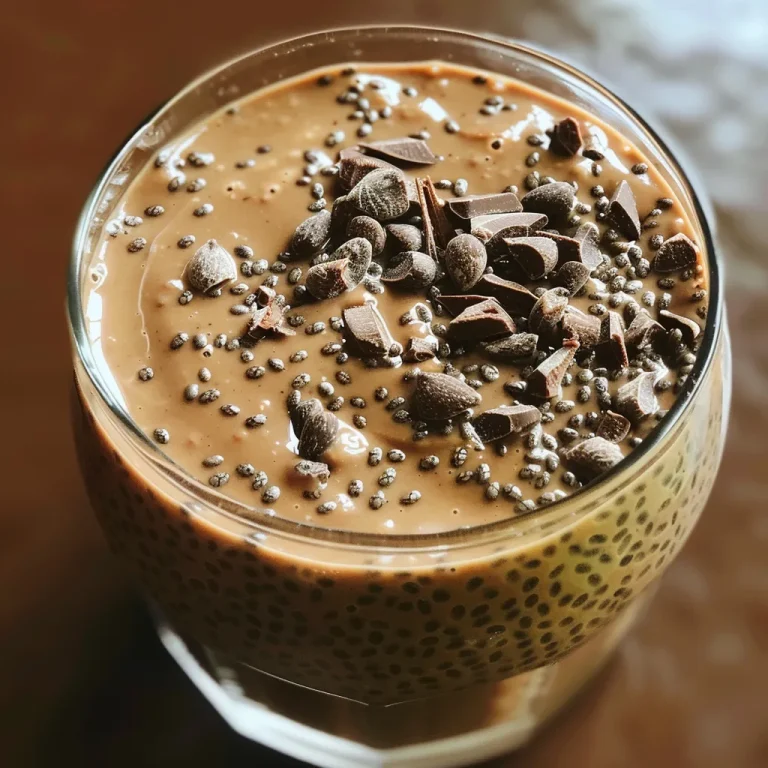 Close-up of a creamy chocolate chia pudding in a glass bowl.