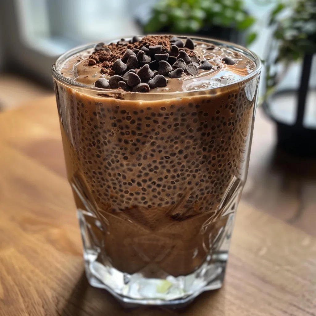 Side view of rich chocolate chia pudding topped with cocoa powder.