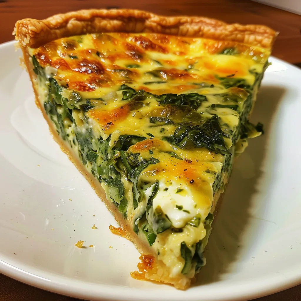 A portion of Quiche de espinafre e ricota, showcasing layers of spinach and cheese.