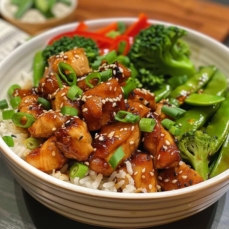 Tigela de arroz com frango mel e alho, brotos e pimentão colorido.