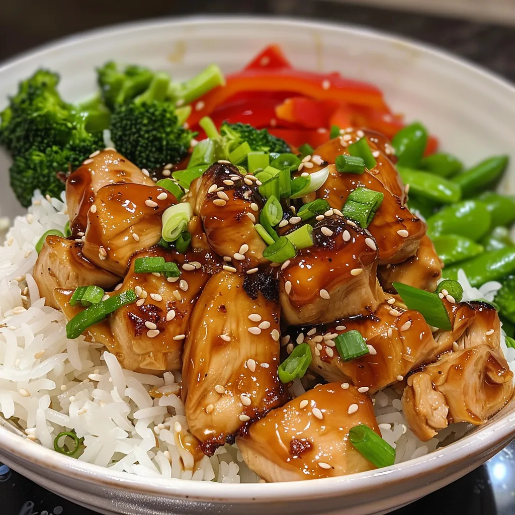 Close-up de um prato de Frango com Mel e Alho servido com arroz e legumes.