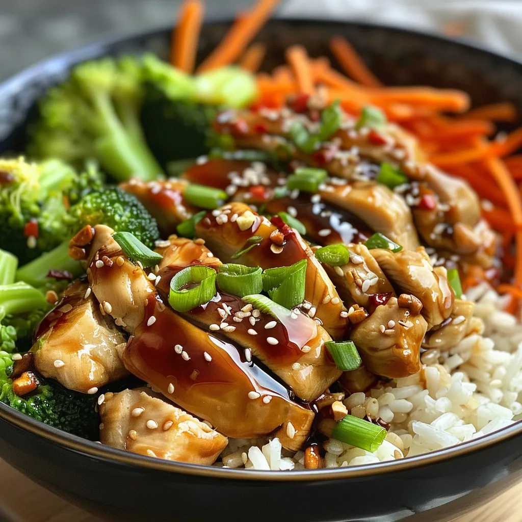 Close-up de uma tigela de arroz teriyaki com pedaços de frango e legumes coloridos.