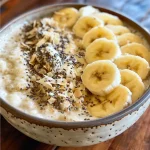 Tigela de smoothie de banana com cobertura colorida.