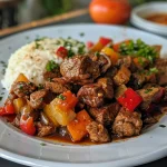 Detailed close-up of refogado de carne moída com legumes on a plate, featuring chopped vegetables and seasoned meat.